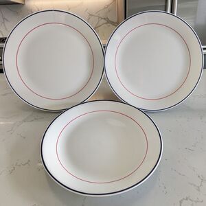 3 CORELLE Dinner Plates PLYMOUTH Blue Red Bands Patriotic 10.25" Plates